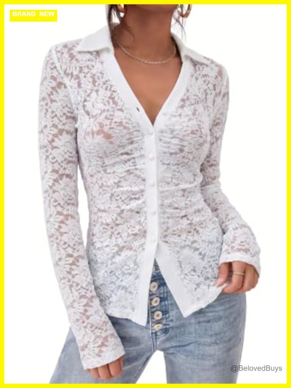 YIMORI Sheer Lace Button Down Shirt Flared Sleeve Blouse for Night Out